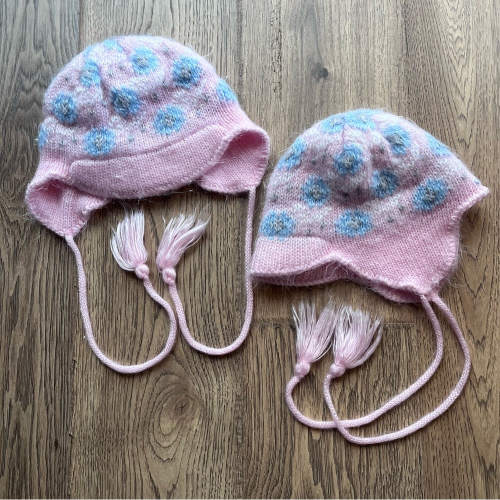 2 Vintage Children’s Knit Beanies with Ear Flaps